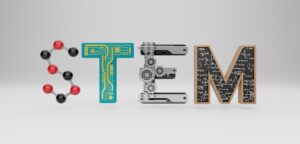 STEM typography symbols design concept. science, technology, engineering, mathematics education word. 3d rendering.