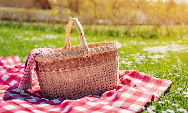 Checkered picnic duvet with empty basket on the blossoming meadow. Concept of leisure and family weekend.