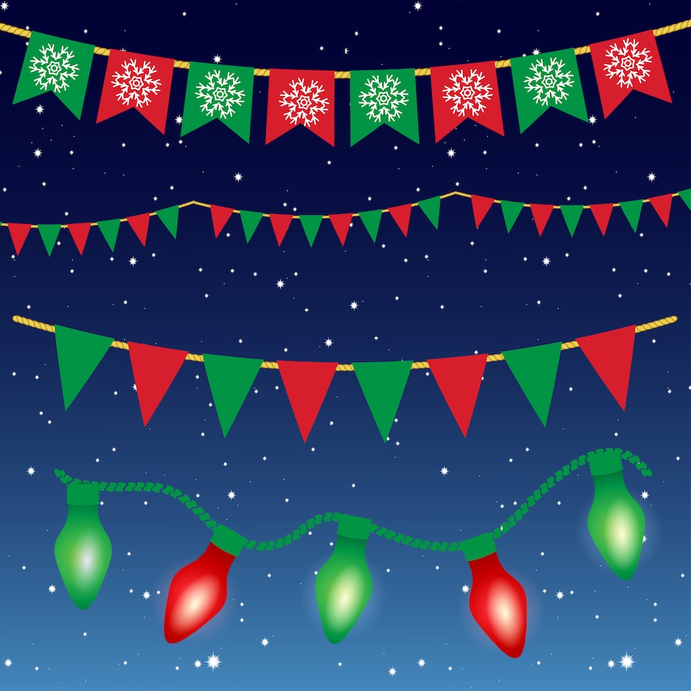 Red and green flags and garlands on white background. Merry christmas set of garlands and buntings