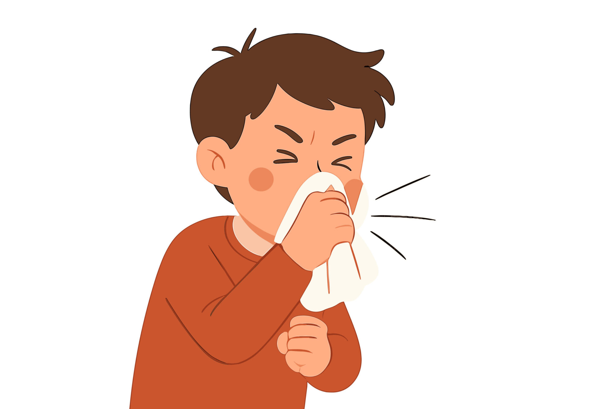 Child sneezing while holding tissue in flat vector illustration representing common cold symptoms